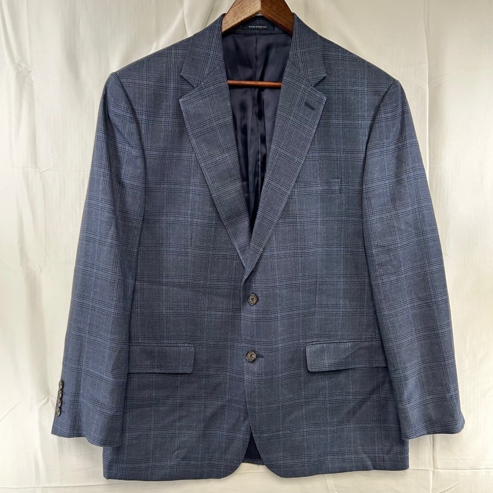 Ralph Lauren Sport Coat Mens 44R Navy Blue Plaid Silk Wool Blazer